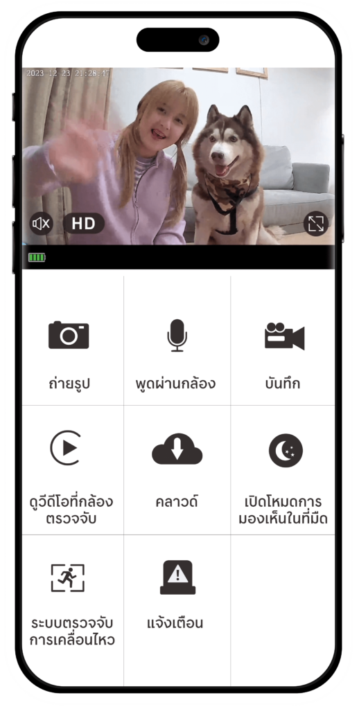 แอปพลิเคชัน RECO บนโทรศัพท์มือถือ พร้อมฟังก์ชัน 8 ฟังก์ชัน ทั้งถ่ายภาพ เปิดไมค์ ดูวิดิโอที่ตรวจจับ คลาวด์ ภาพสีกลางวันกลางคืน ตรวจจับความเคลื่อนไหว และเสียงแจ้งเตือน
